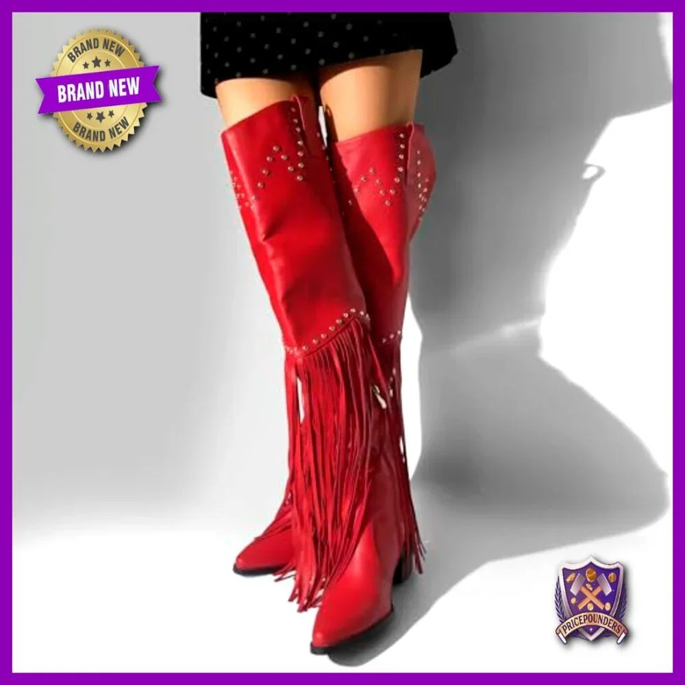 Fringe Tassel Thigh High Over Knee Western Cowboy Boots Wide Calf Stacked Heel